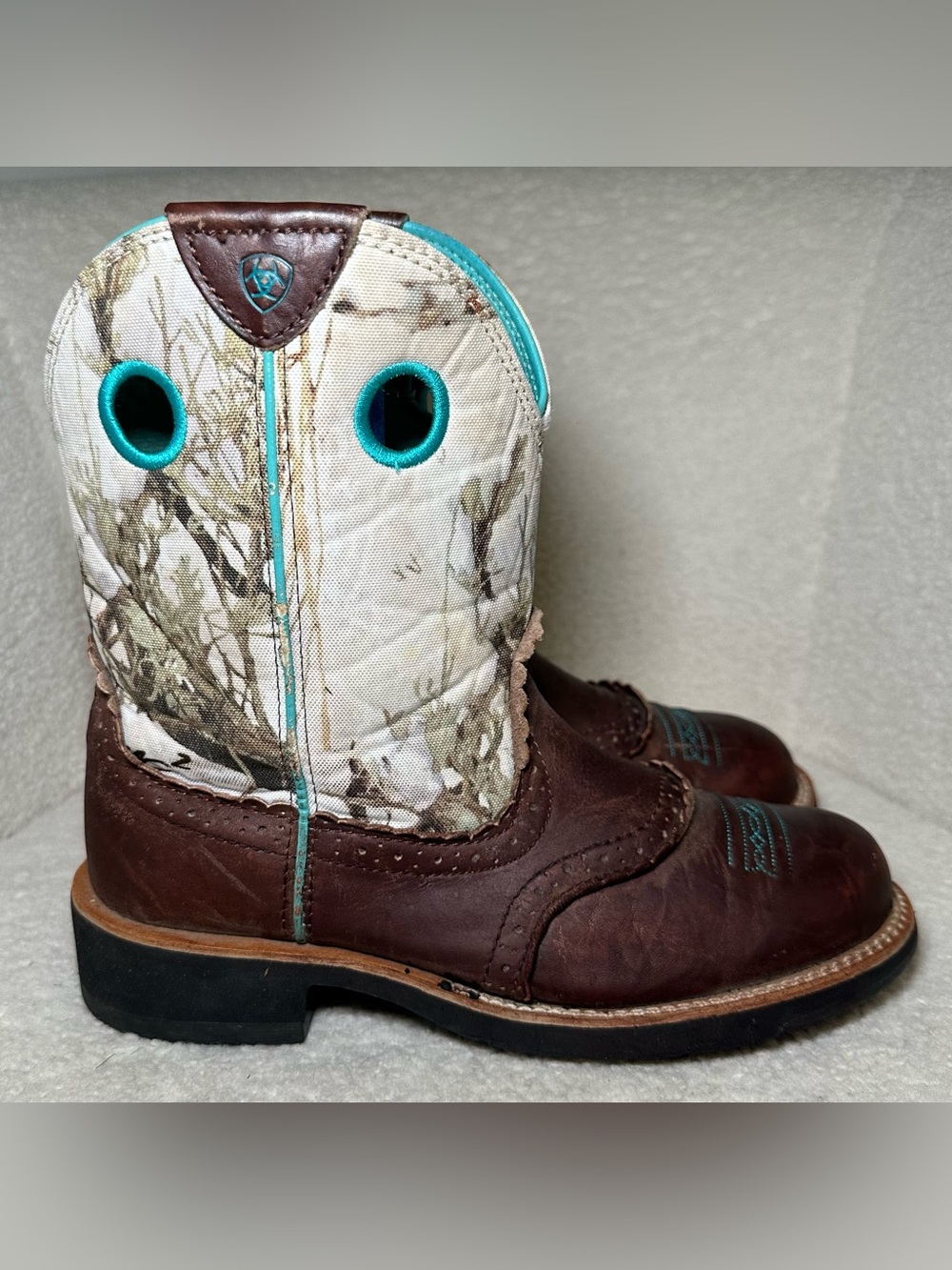 Ariat Fatbaby Boots Leather Camo Western Cowboy Cowgirl Ranch Brown Turquoise 8